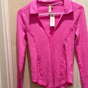 Anthropologie Women’s Pink Long-Sleeve Collared Top